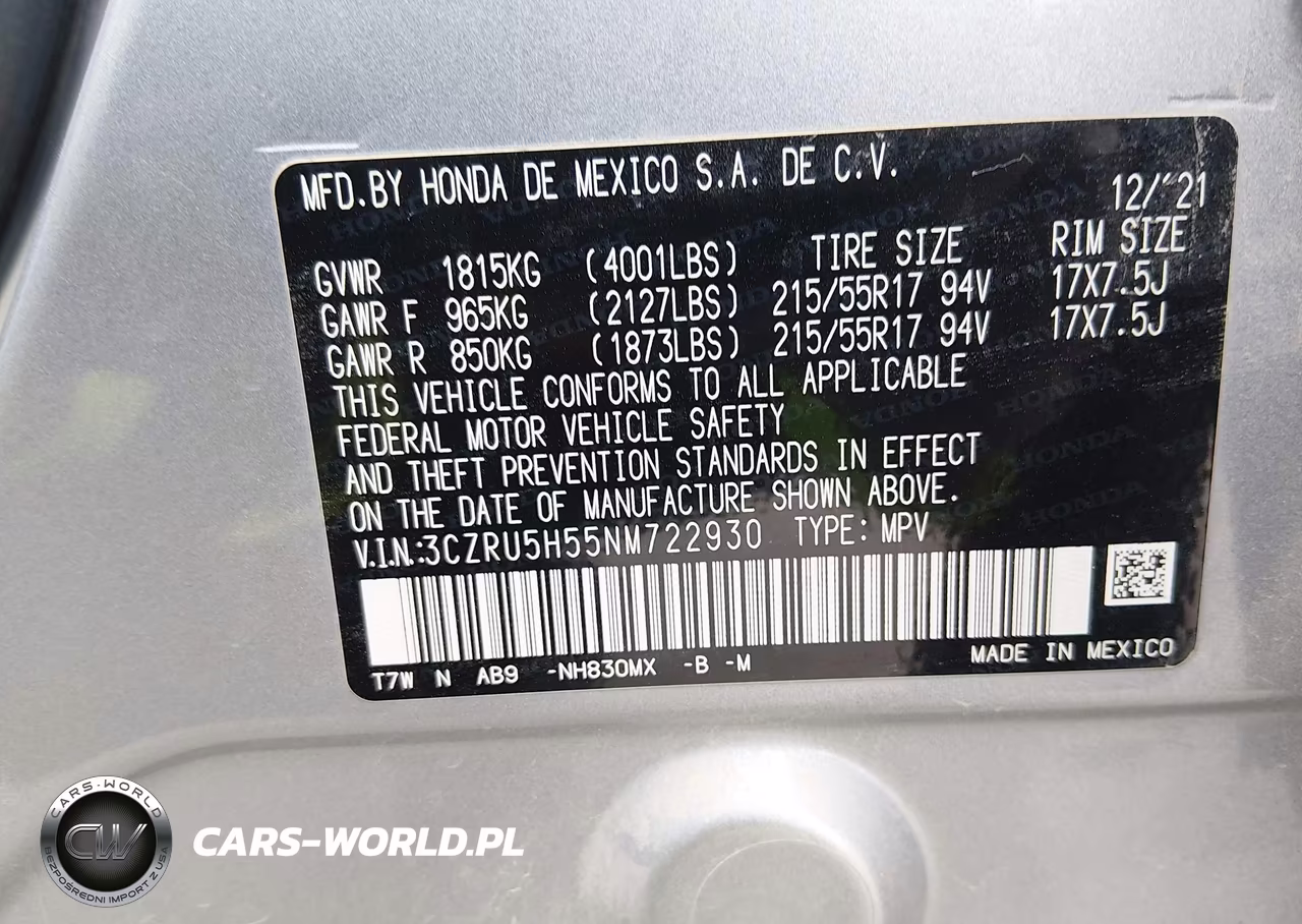 2022 Honda Hr-V 2Wd Ex VIN:3CZRU5H55NM722930 - 9