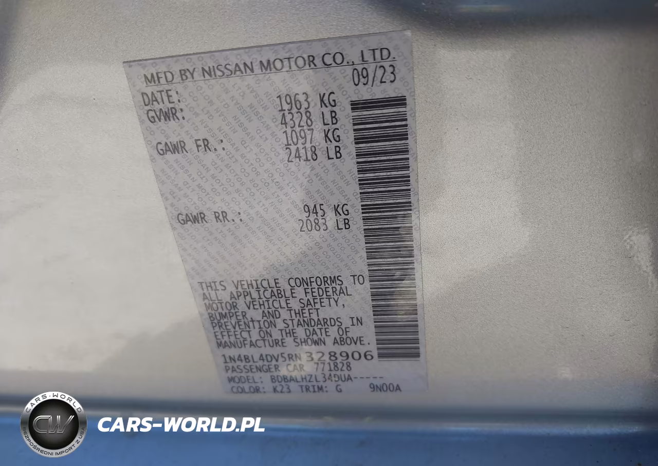 2024 Nissan Altima Sv Fwd VIN:1N4BL4DV5RN328906 - 9