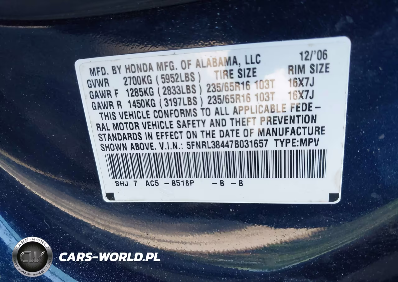 2007 Honda Odyssey Ex VIN:5FNRL38447B031657 - 9