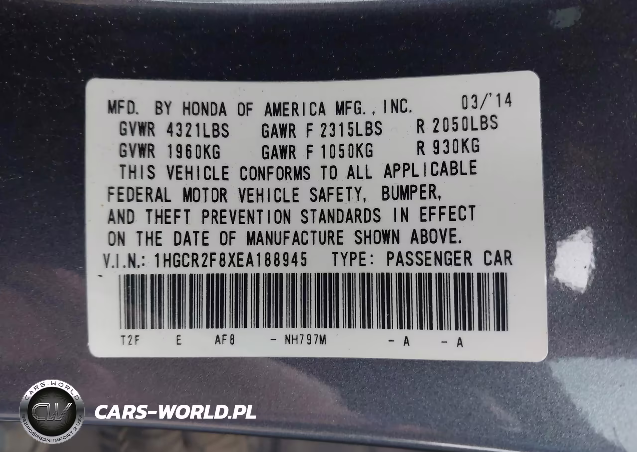 2014 Honda Accord Ex-L VIN:1HGCR2F8XEA188945 - 9