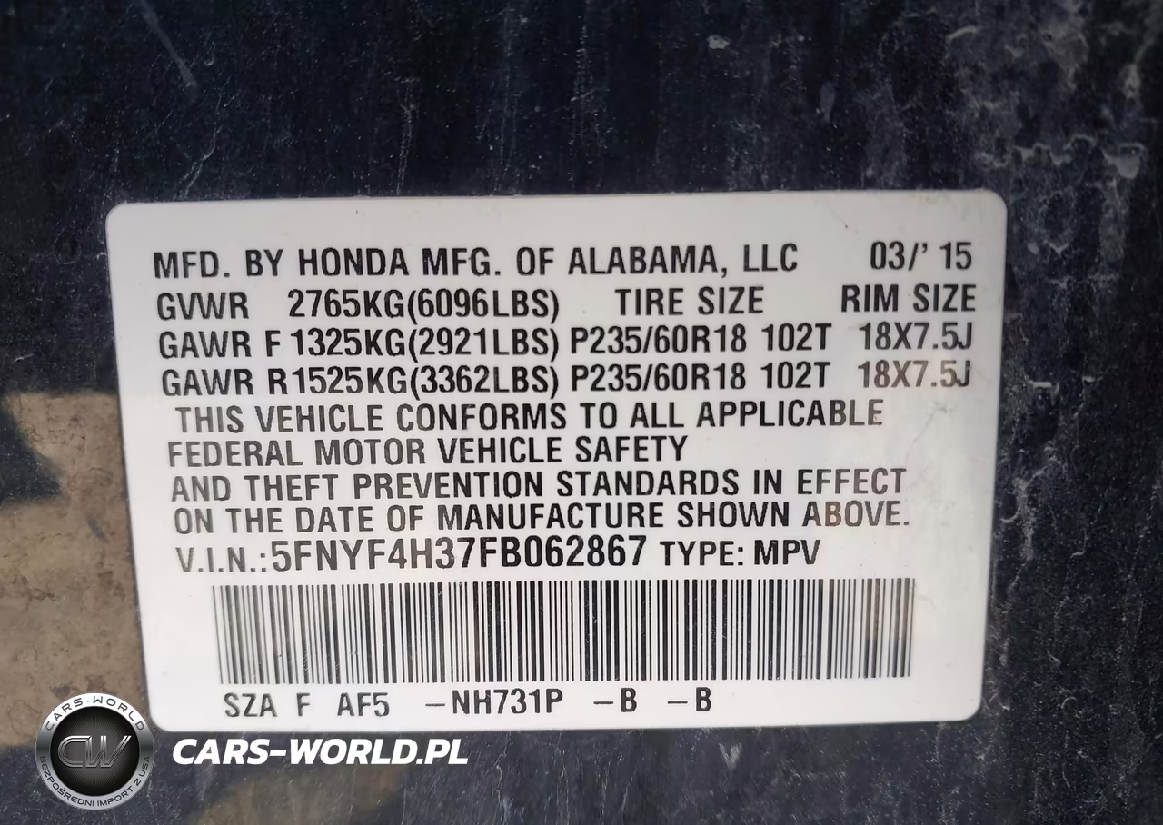 2015 Honda Pilot Se VIN:5FNYF4H37FB062867 - 9