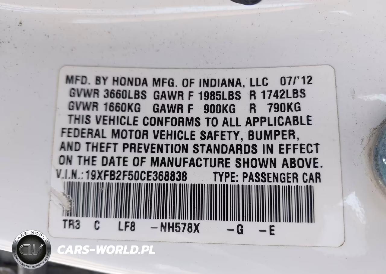 2012 Honda Civic Lx VIN:19XFB2F50CE368838 - 9