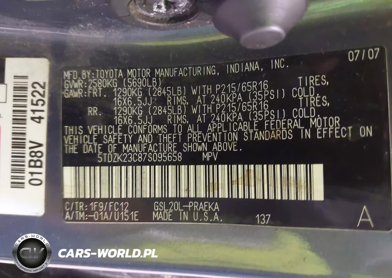 2007 Toyota Sienna Le VIN:5TDZK23C87S095658 - 9