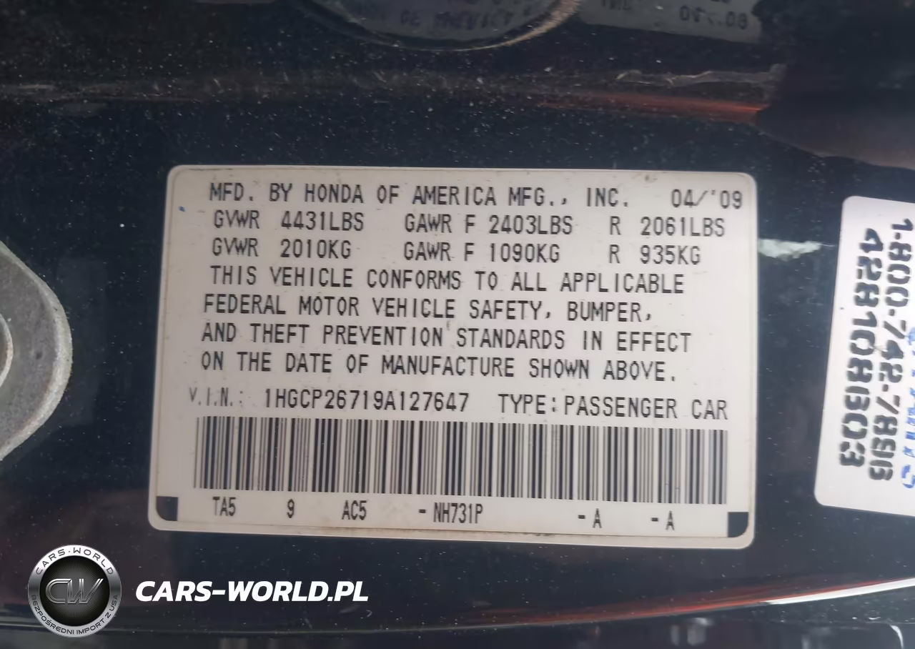 2009 Honda Accord 2.4 Ex VIN:1HGCP26719A127647 - 9
