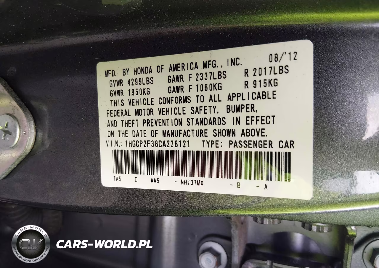 2012 Honda Accord 2.4 Lx VIN:1HGCP2F38CA238121 - 9