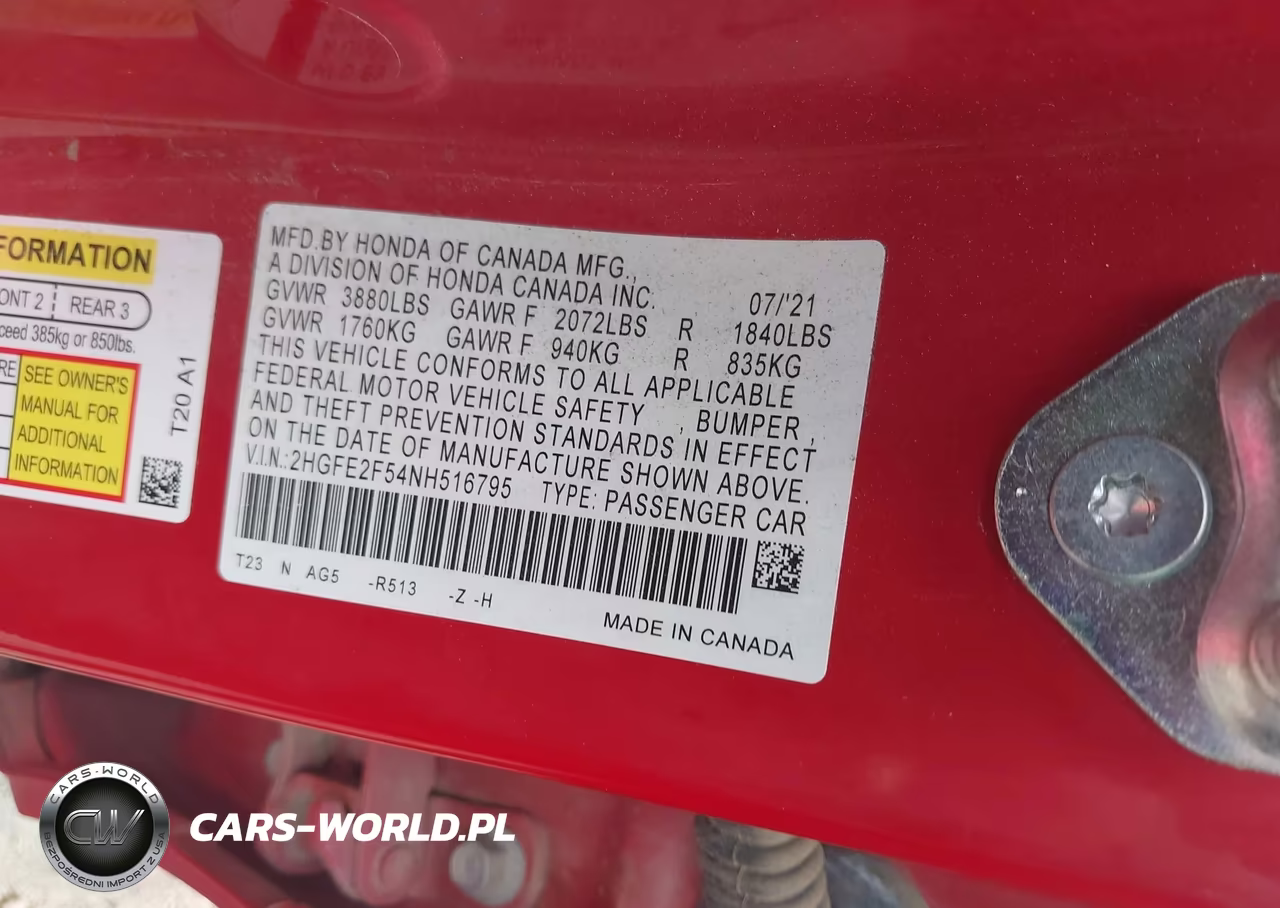 2022 Honda Civic Sport VIN:2HGFE2F54NH516795 - 9