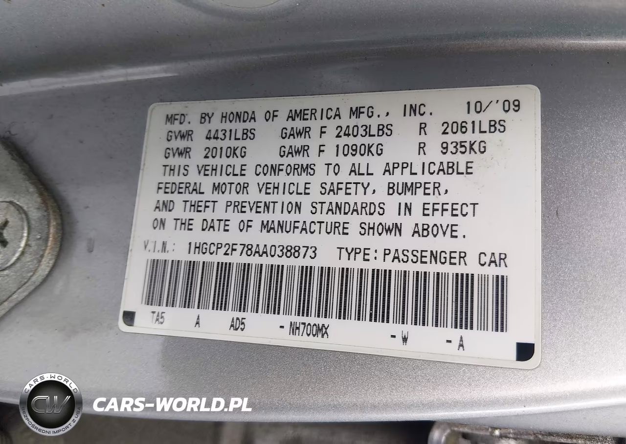 2010 Honda Accord 2.4 Ex VIN:1HGCP2F78AA038873 - 9