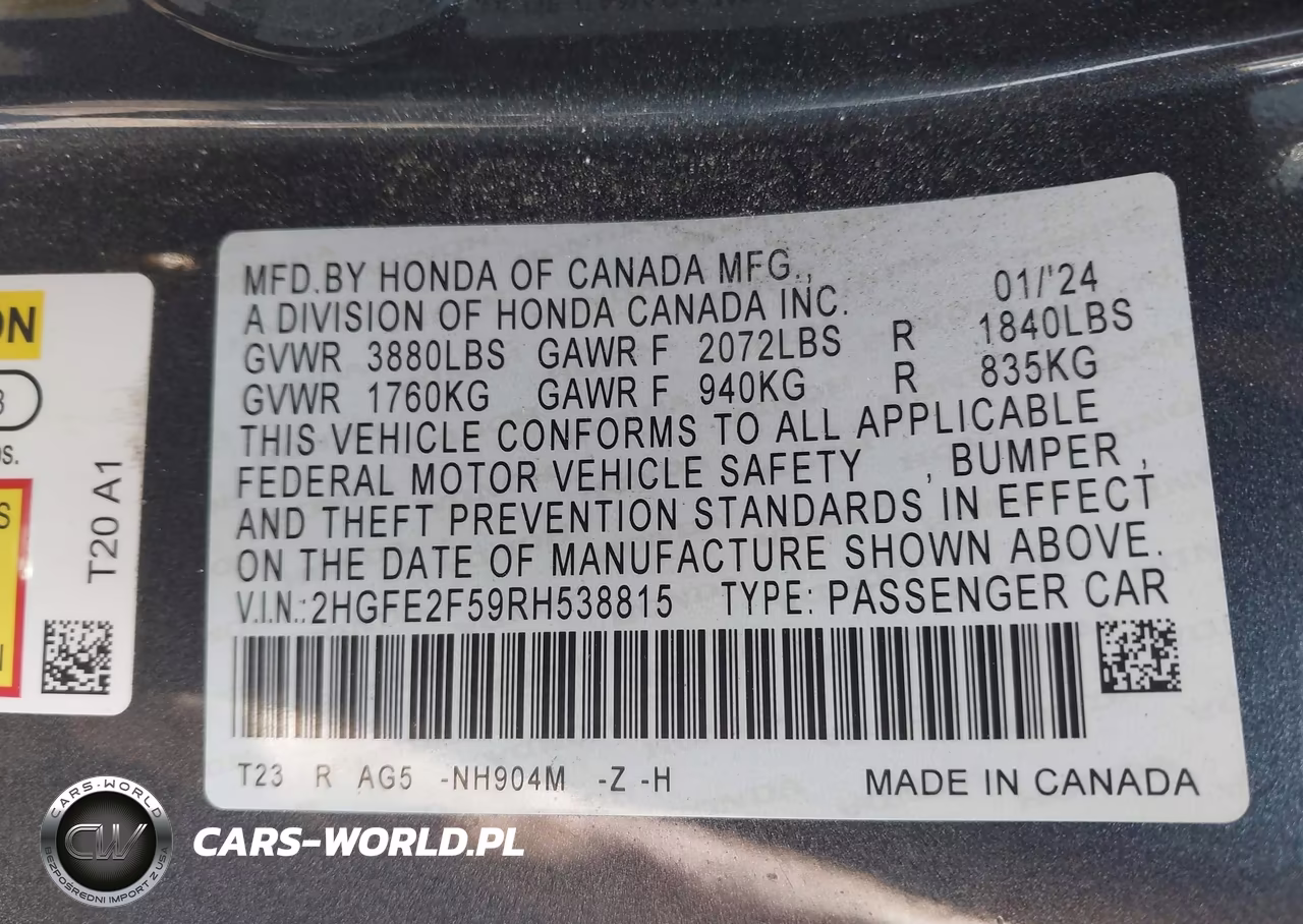 2024 Honda Civic Sport VIN:2HGFE2F59RH538815 - 9