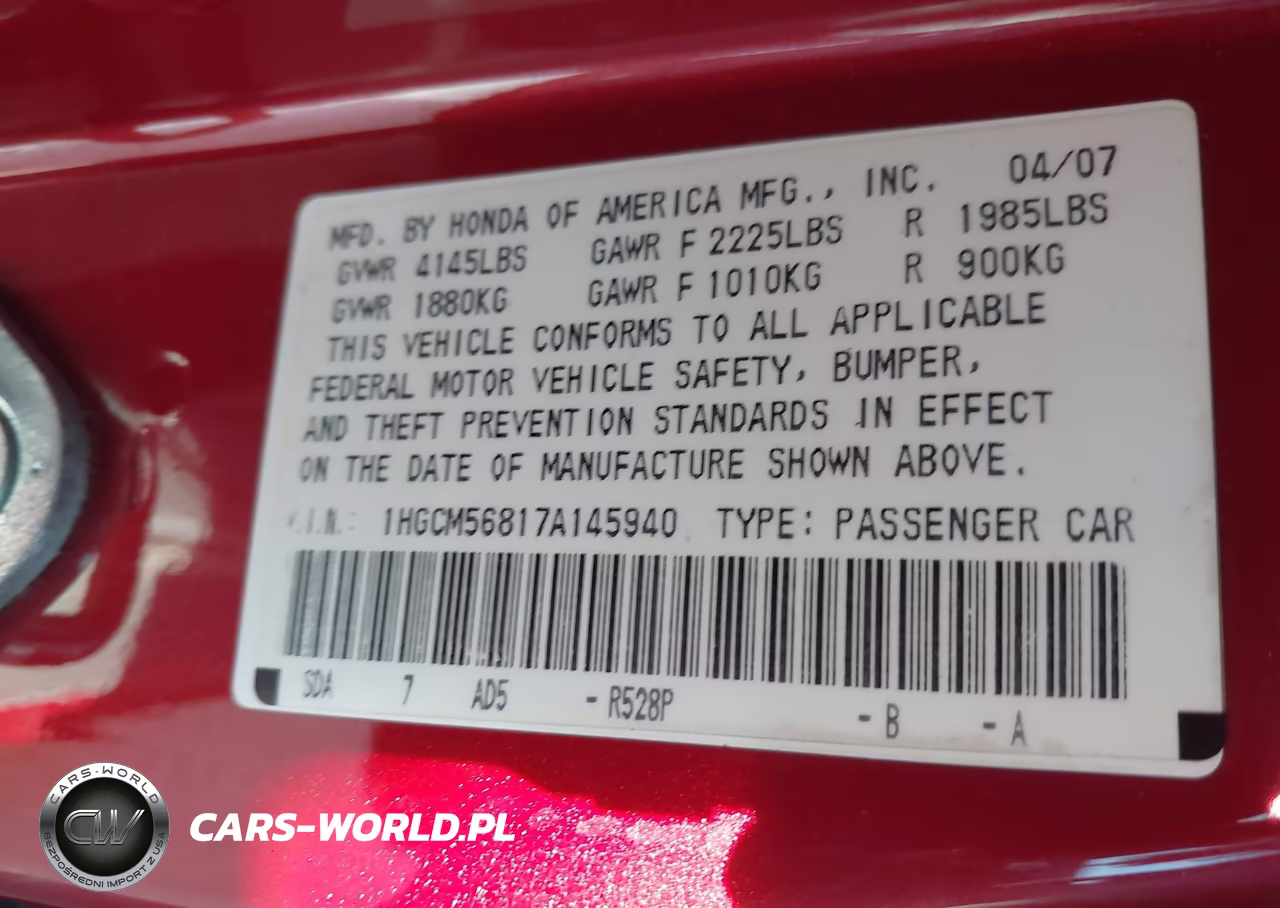 2007 Honda Accord 2.4 Ex VIN:1HGCM56817A145940 - 9
