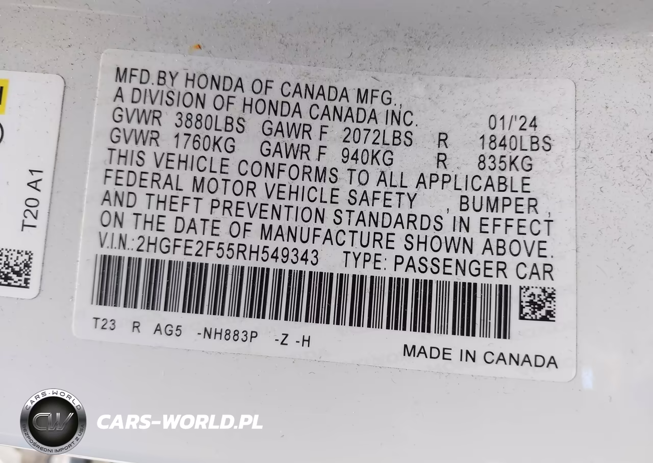 2024 Honda Civic Sport VIN:2HGFE2F55RH549343 - 9