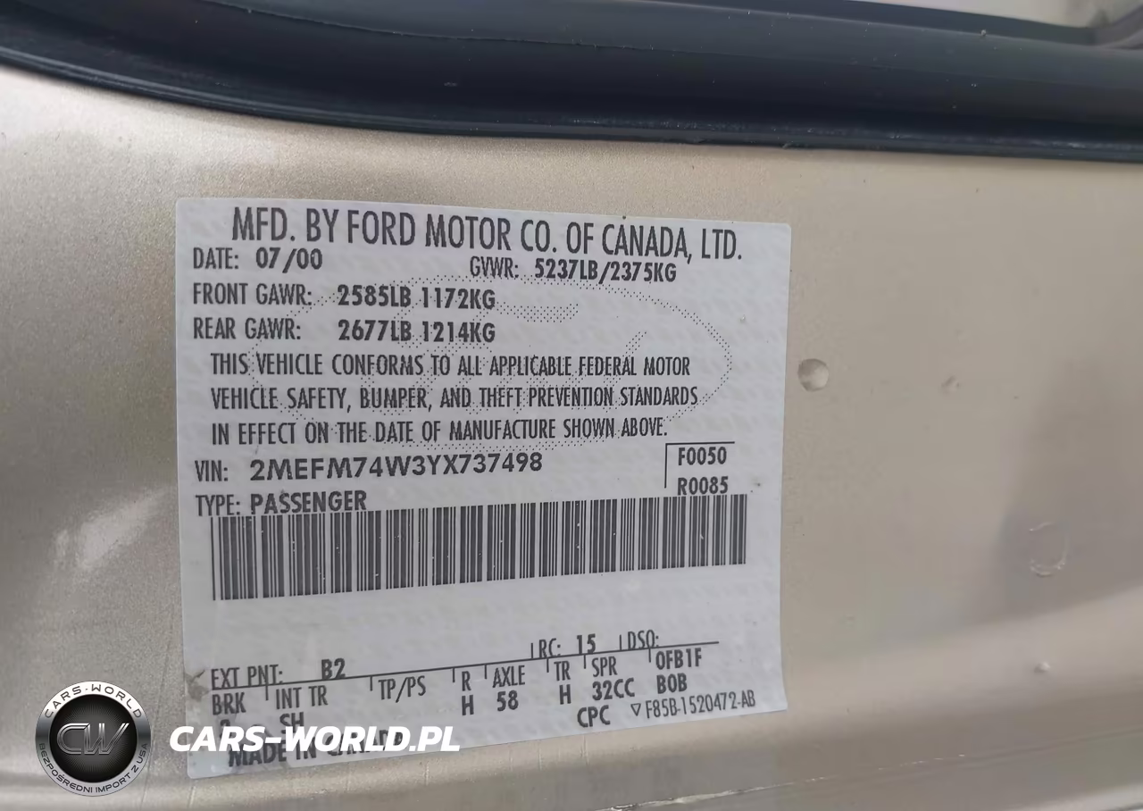 2000 Mercury Grand Marquis Gs VIN:2MEFM74W3YX737498 - 9