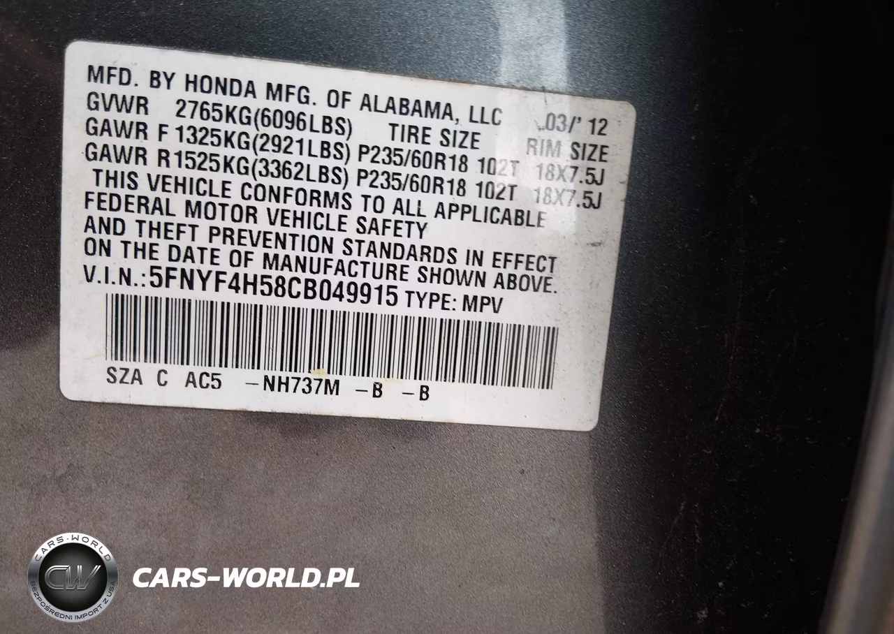 2012 Honda Pilot Ex-L VIN:5FNYF4H58CB049915 - 9