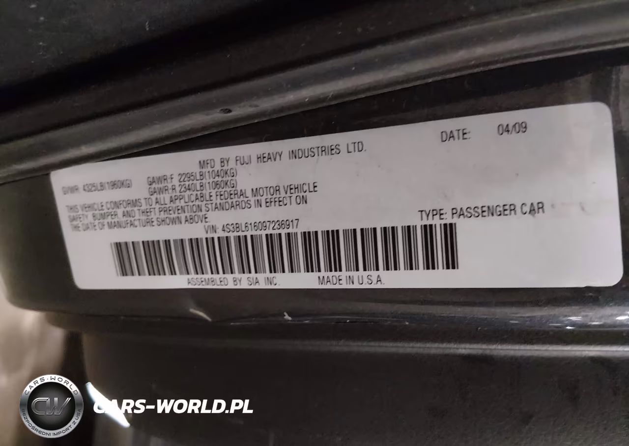 2009 Subaru Legacy 2.5I VIN:4S3BL616097236917 - 9