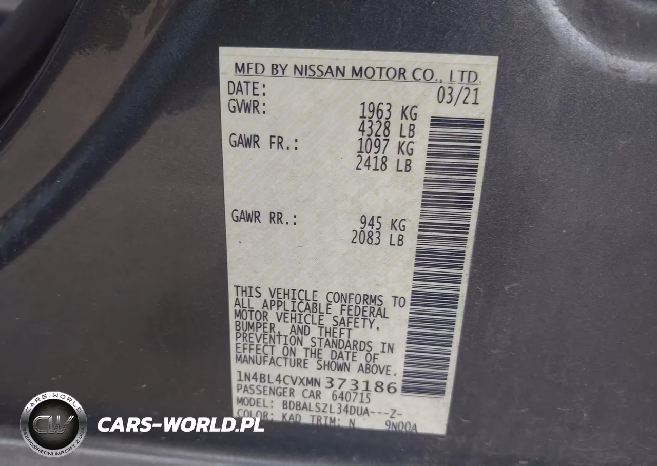 2021 Nissan Altima Sr Fwd VIN:1N4BL4CVXMN373186 - 9