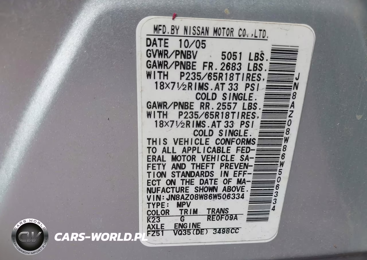 2006 Nissan Murano Se VIN:JN8AZ08W86W506334 - 9