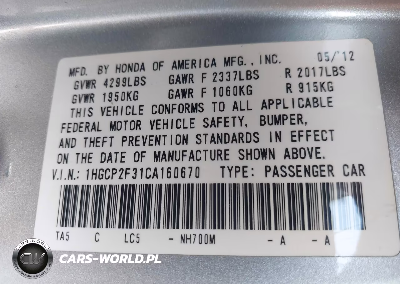 2012 Honda Accord 2.4 Lx VIN:1HGCP2F31CA160670 - 9