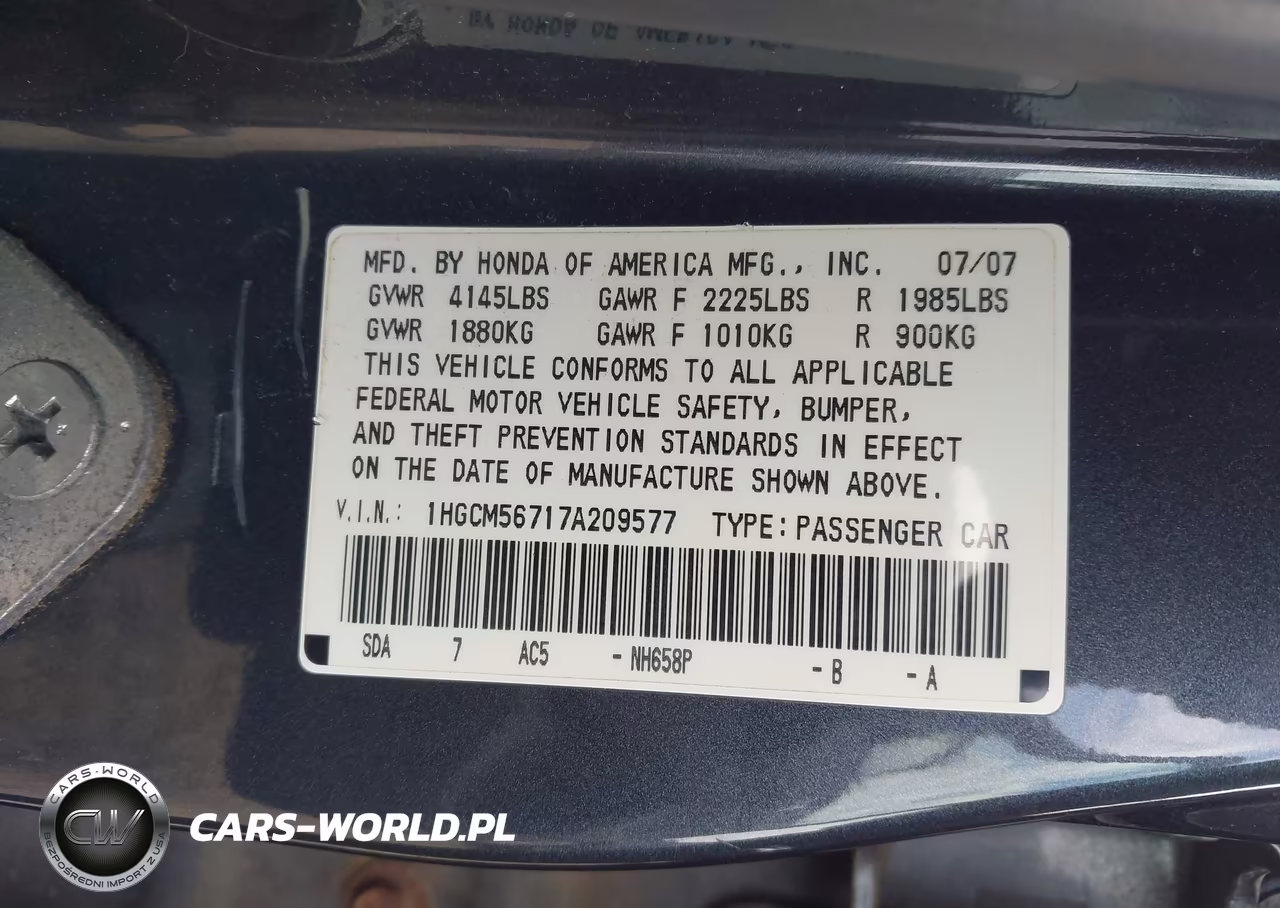 2007 Honda Accord 2.4 Ex VIN:1HGCM56717A209577 - 9