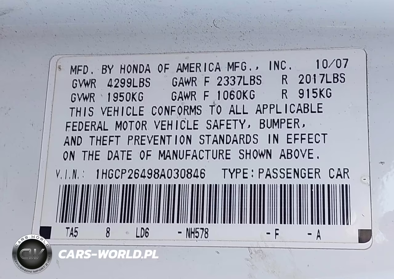 2008 Honda Accord 2.4 Lx-P VIN:1HGCP26498A030846 - 9
