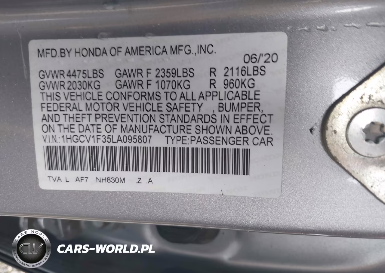 2020 Honda Accord Sport VIN:1HGCV1F35LA095807 - 9