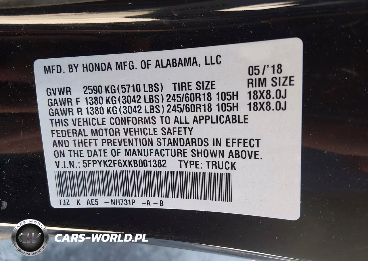 2019 Honda Ridgeline Rtl-T VIN:5FPYK2F6XKB001382 - 9