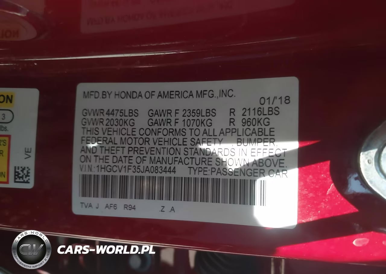 2018 Honda Accord Sport VIN:1HGCV1F35JA083444 - 9