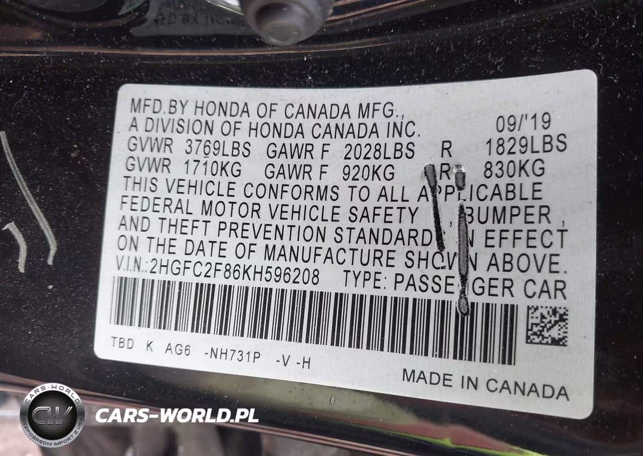 2019 Honda Civic Sport VIN:2HGFC2F86KH596208 - 9