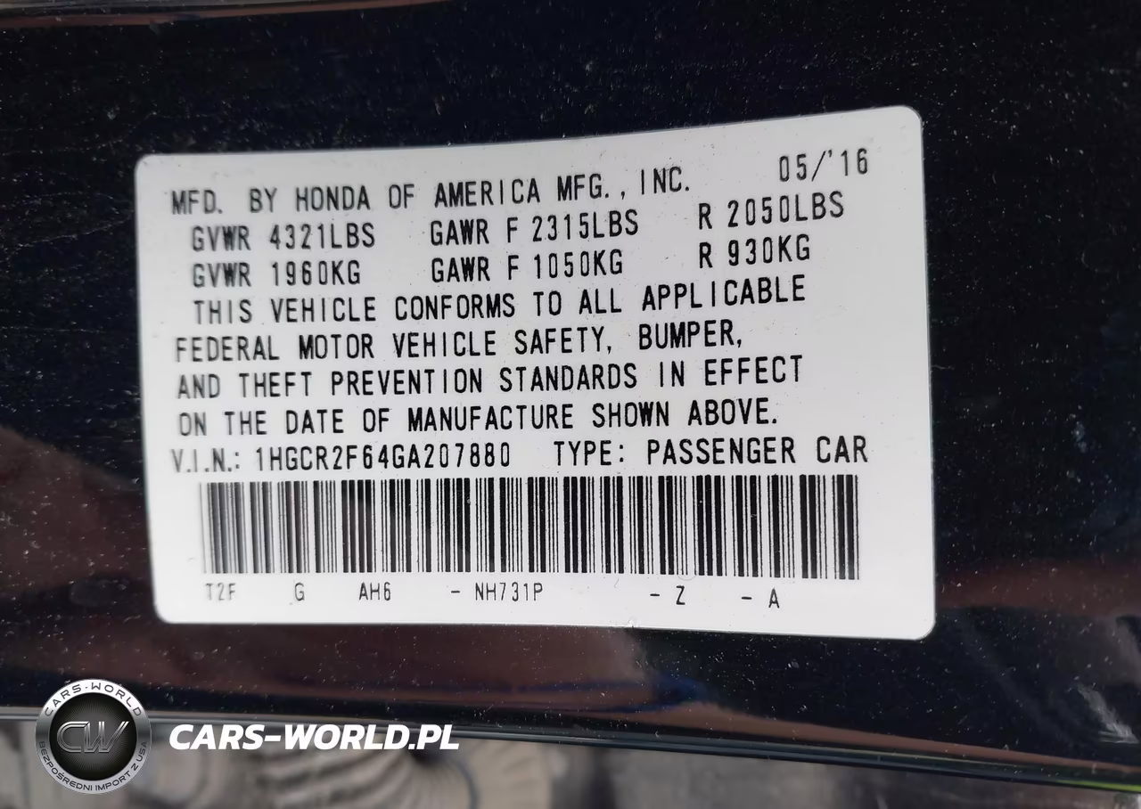 2016 Honda Accord Sport VIN:1HGCR2F64GA207880 - 9