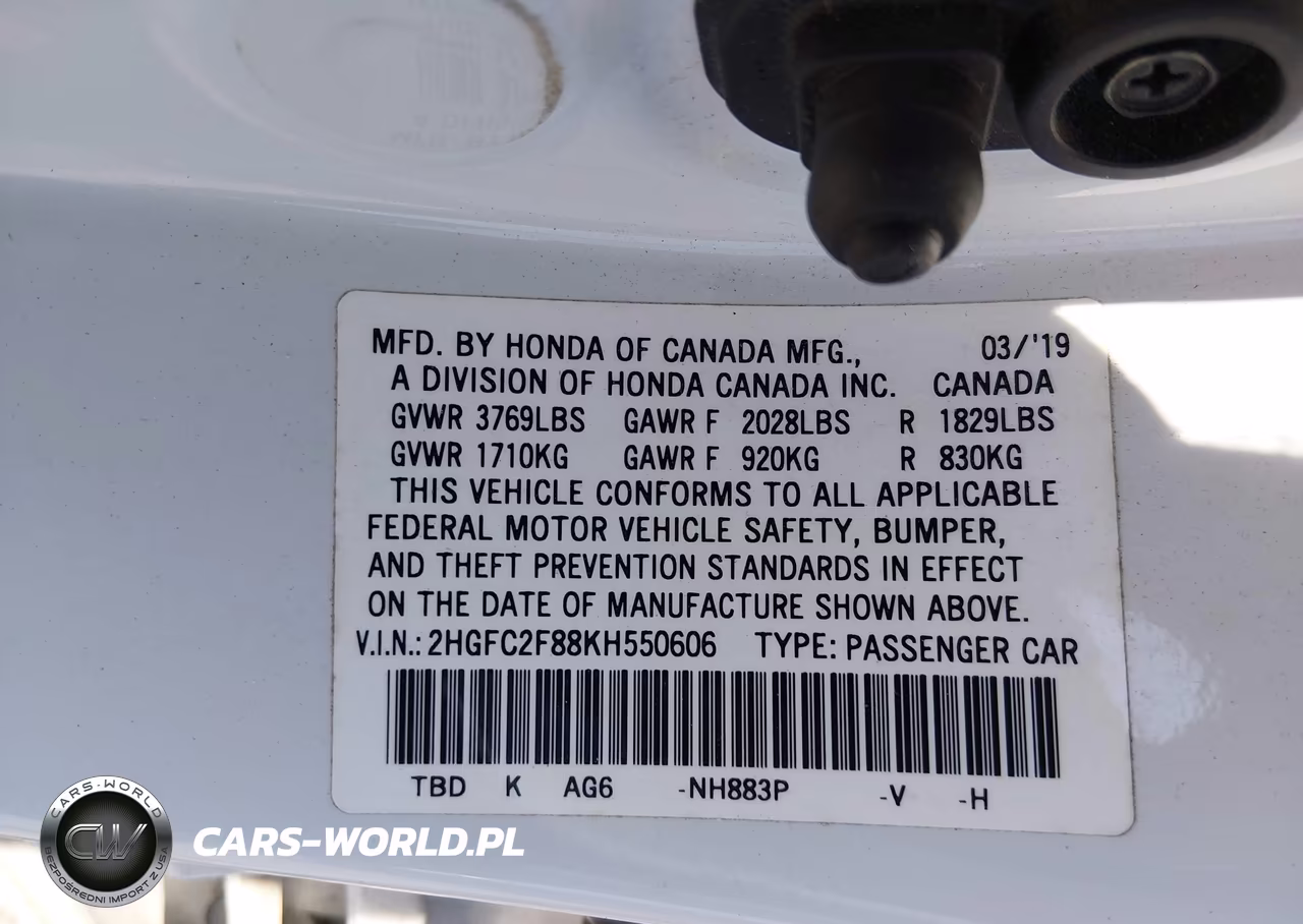 2019 Honda Civic Sport VIN:2HGFC2F88KH550606 - 9