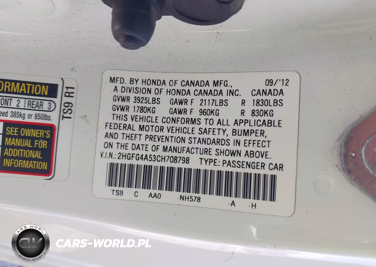 2012 Honda Civic Si VIN:2HGFG4A53CH708798 - 9