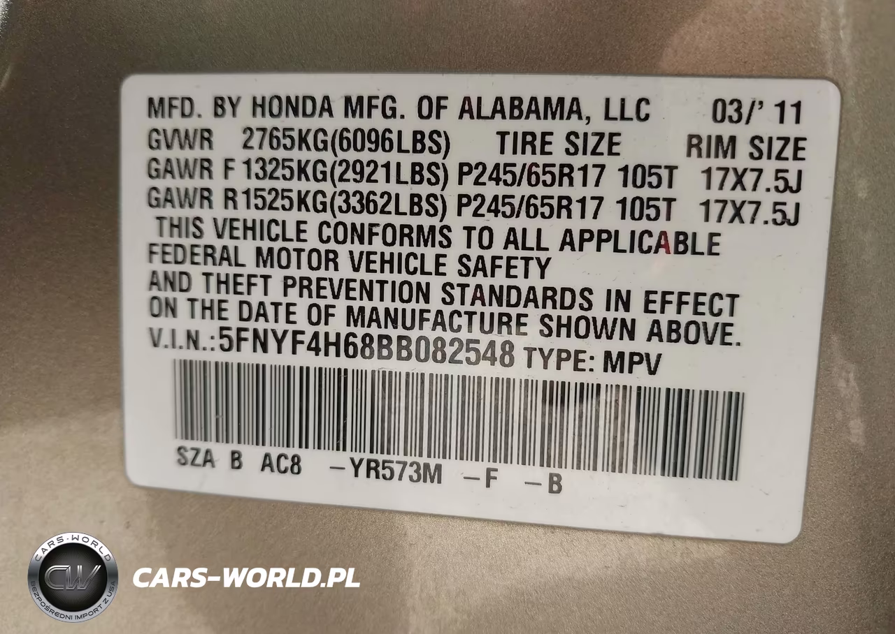 2011 Honda Pilot Ex-L VIN:5FNYF4H68BB082548 - 9
