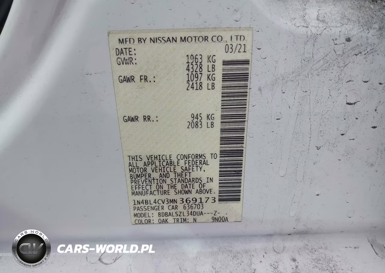 2021 Nissan Altima Sr Fwd VIN:1N4BL4CV3MN369173 - 9