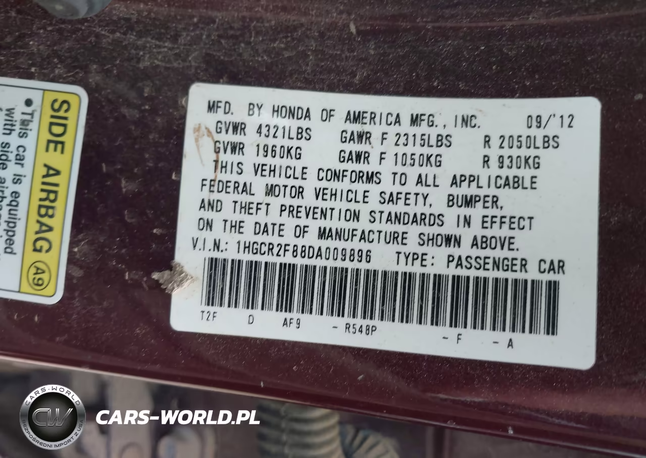 2013 Honda Accord Ex-L VIN:1HGCR2F88DA009896 - 9