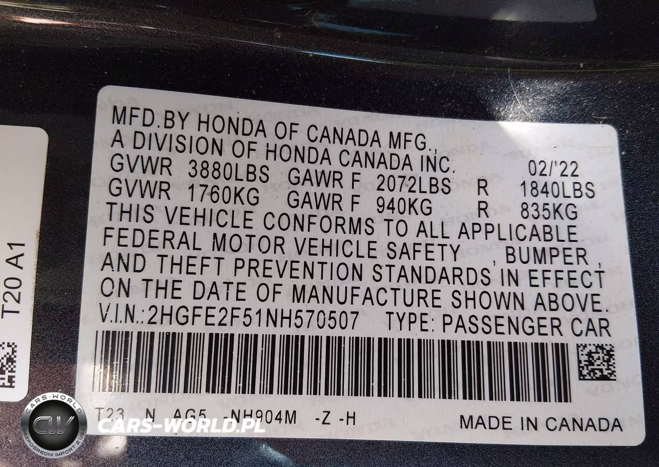 2022 Honda Civic Sport VIN:2HGFE2F51NH570507 - 9