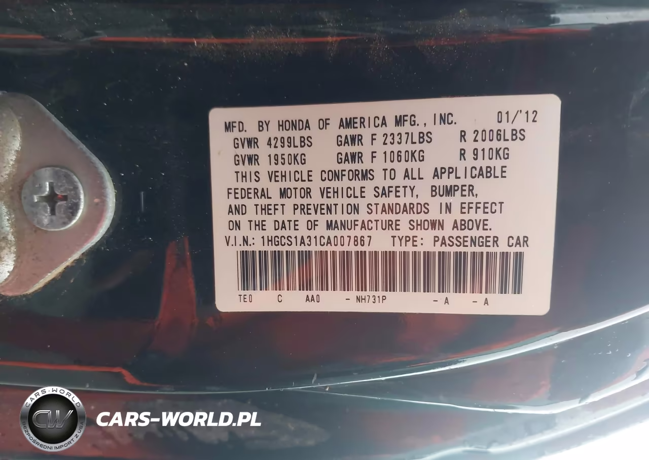 2012 Honda Accord 2.4 Lx-S VIN:1HGCS1A31CA007867 - 9