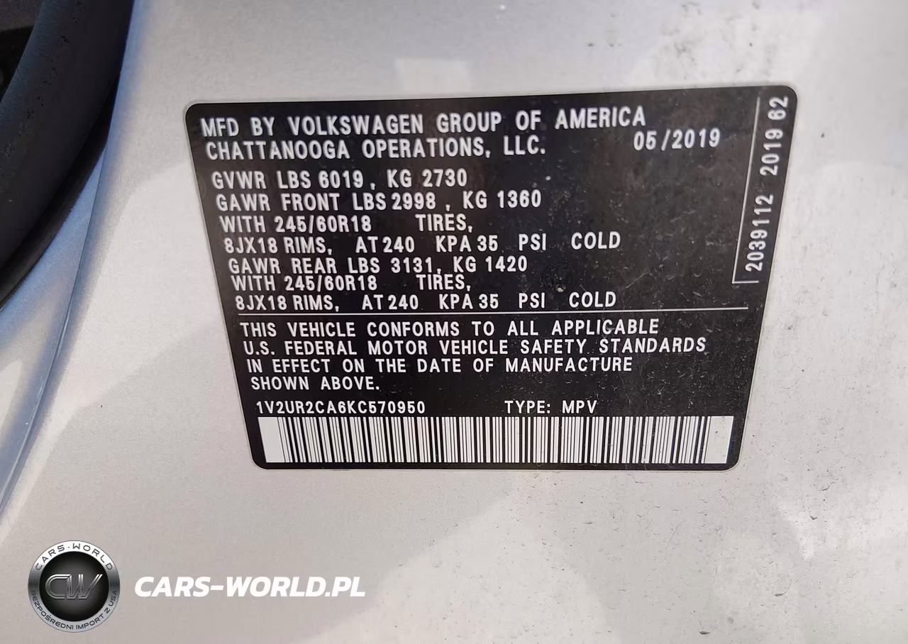 2019 Volkswagen Atlas 3.6L V6 Se W-Technology VIN:1V2UR2CA6KC570950 - 9