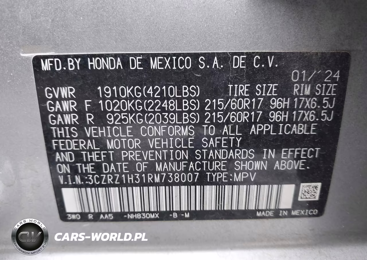 2024 Honda Hr-V 2Wd Lx VIN:3CZRZ1H31RM738007 - 9