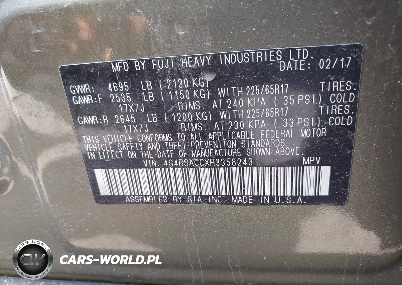 2017 Subaru Outback 2.5I Premium VIN:4S4BSACCXH3358243 - 9