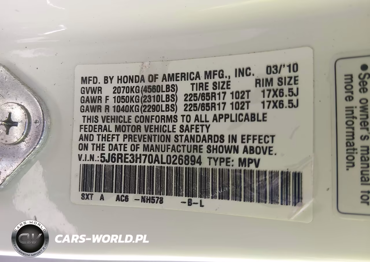2010 Honda Cr-V Ex-L VIN:5J6RE3H70AL026894 - 9