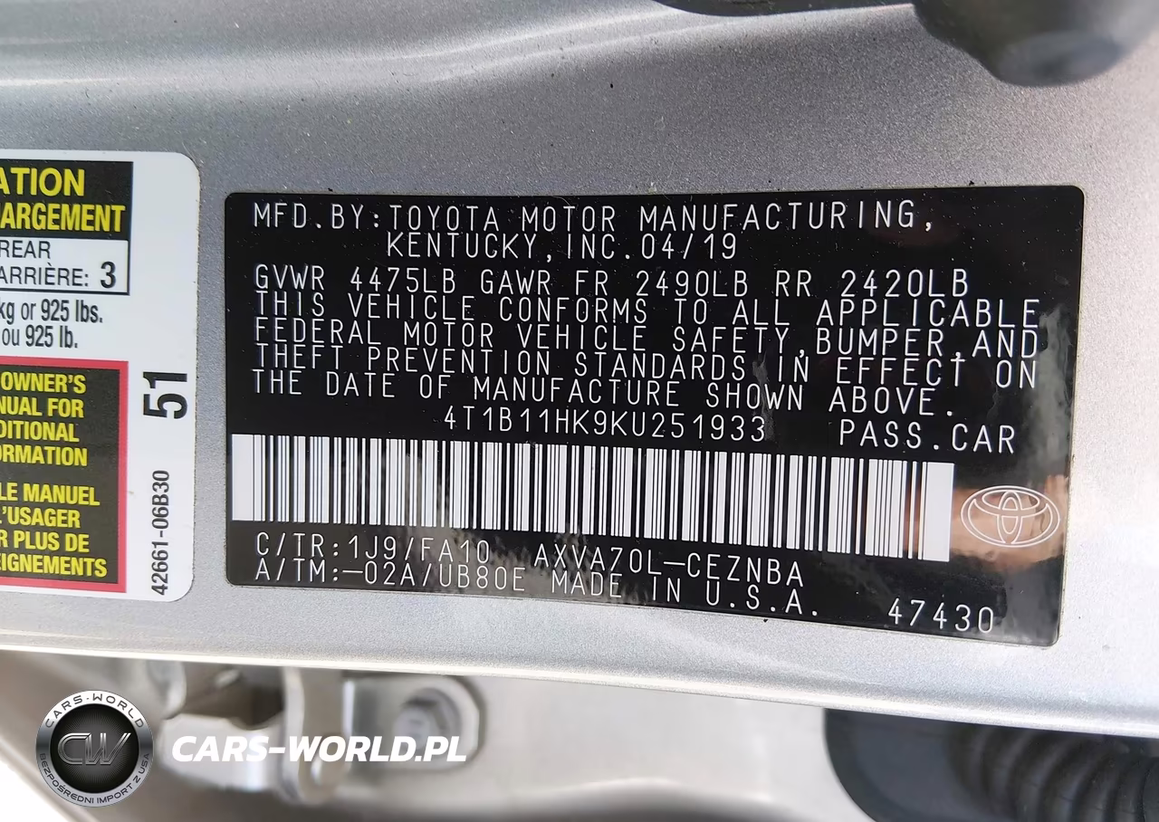 2019 Toyota Camry Le VIN:4T1B11HK9KU251933 - 9