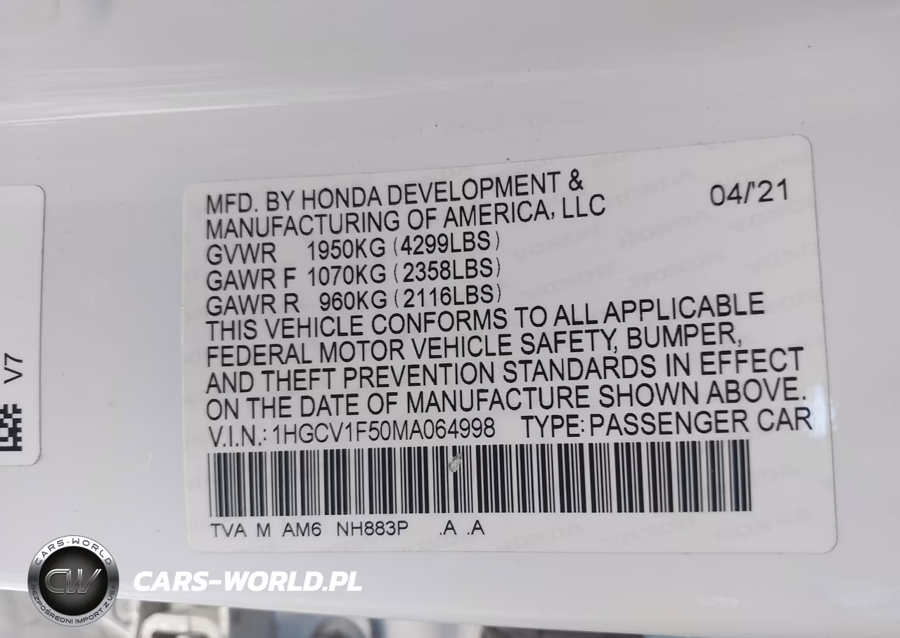 2021 Honda Accord Ex-L VIN:1HGCV1F50MA064998 - 9