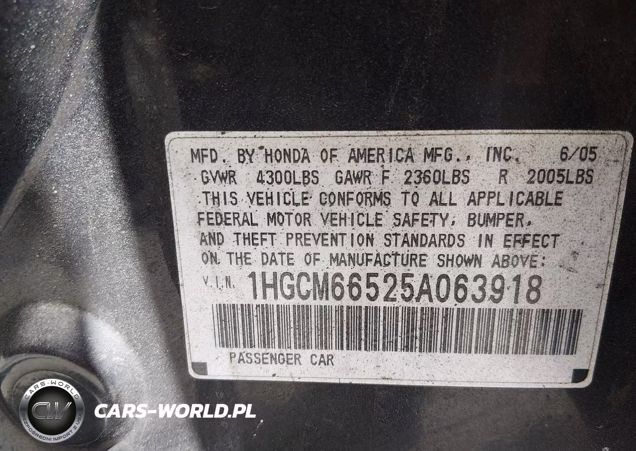 2005 Honda Accord 3.0 Ex VIN:1HGCM66525A063918 - 9