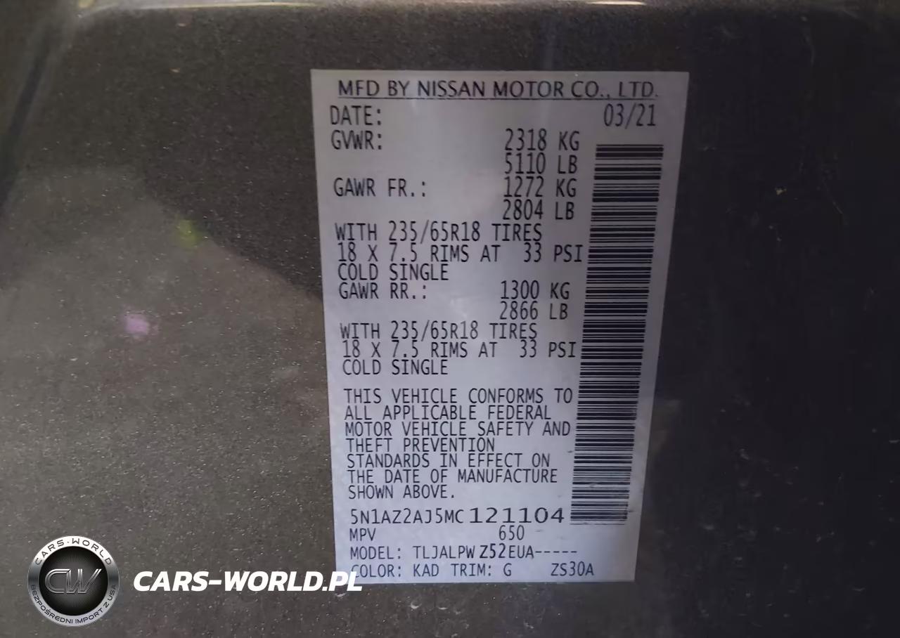 2021 Nissan Murano S Fwd VIN:5N1AZ2AJ5MC121104 - 9