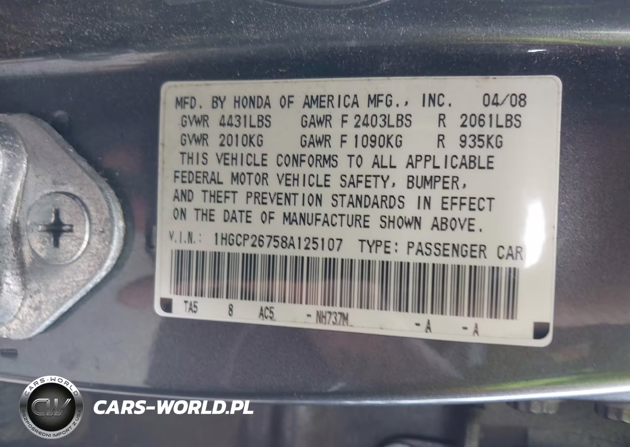 2008 Honda Accord 2.4 Ex VIN:1HGCP26758A125107 - 9