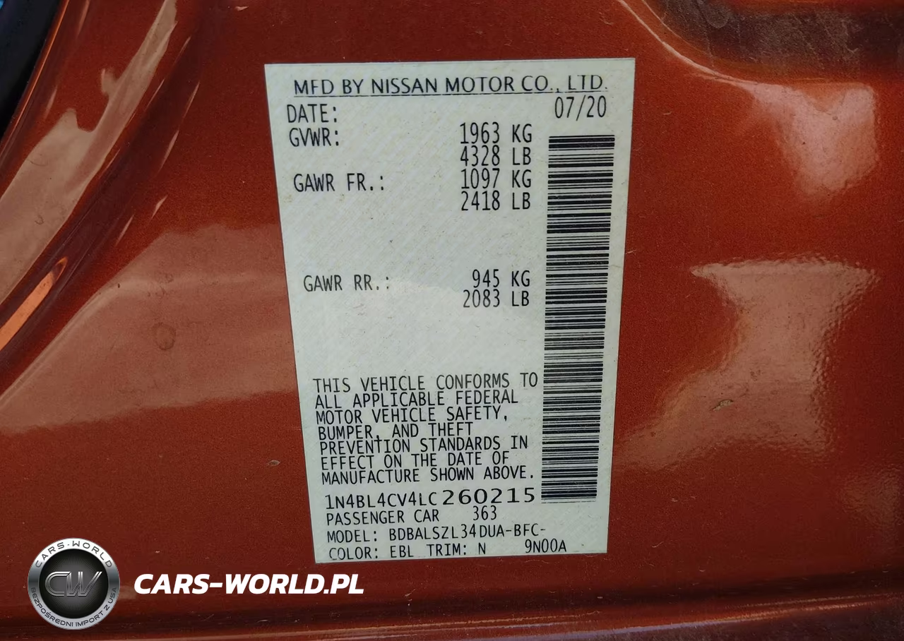 2020 Nissan Altima Sr Fwd VIN:1N4BL4CV4LC260215 - 9