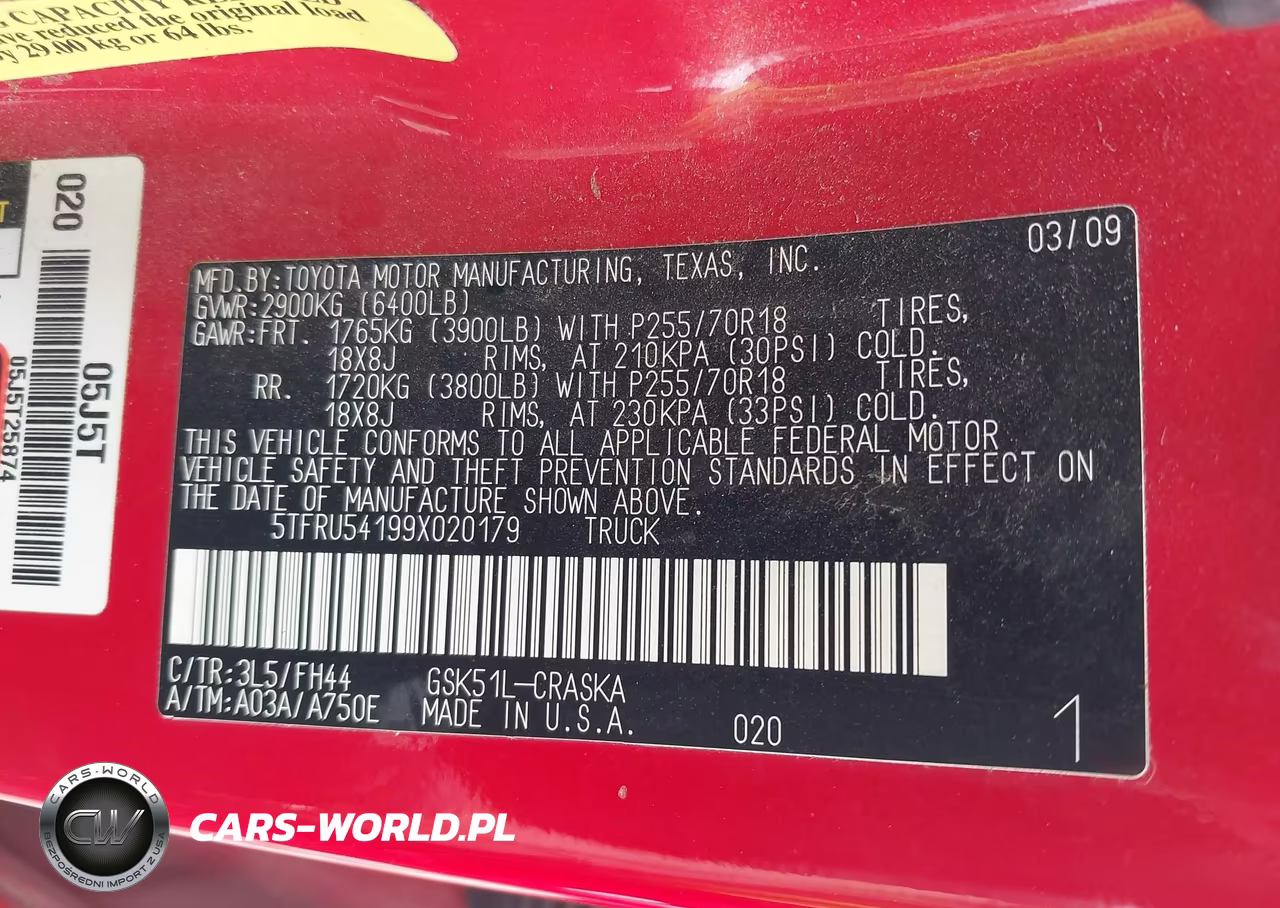 2009 Toyota Tundra Grade V6 VIN:5TFRU54199X020179 - 9