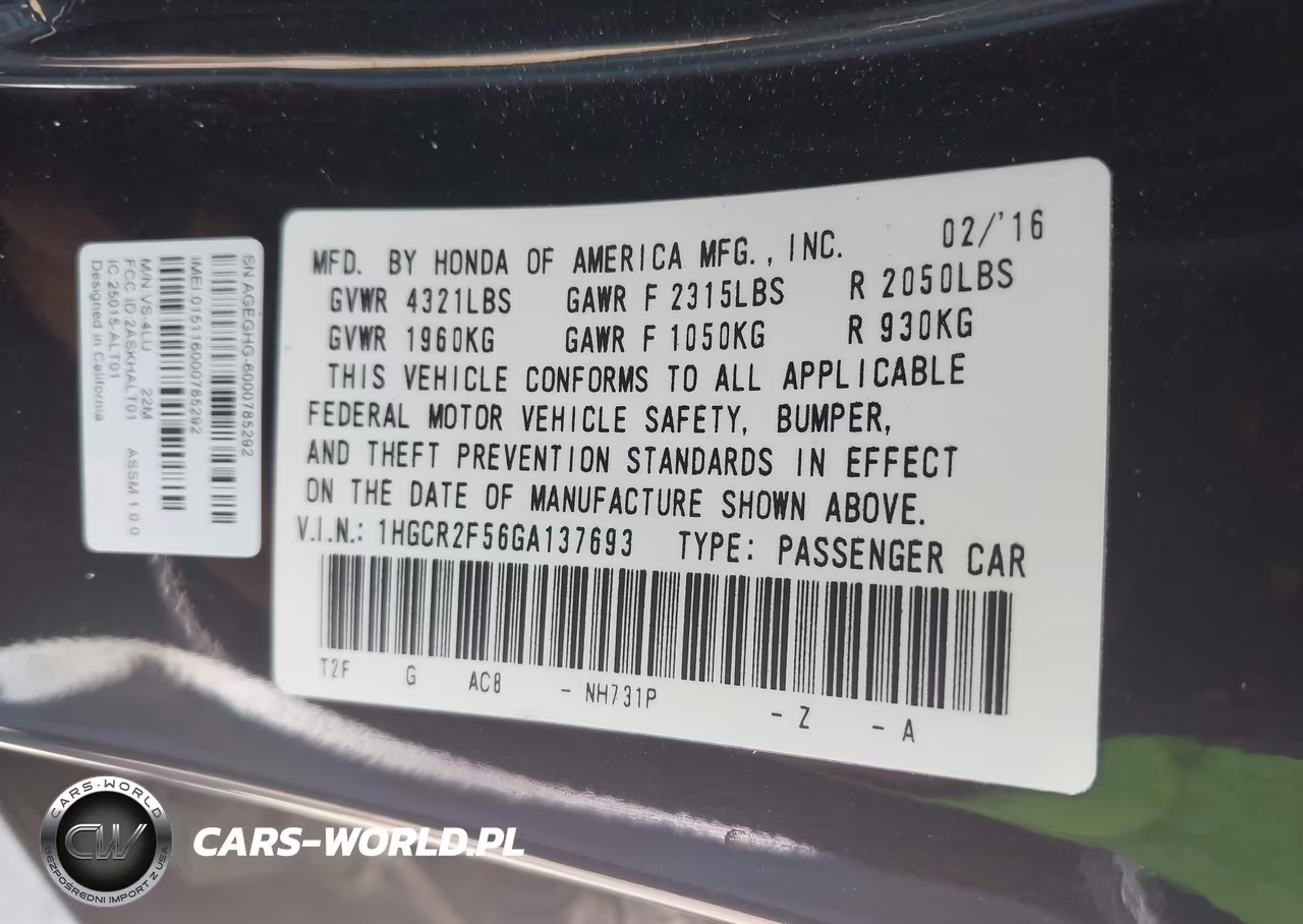 2016 Honda Accord Sport VIN:1HGCR2F56GA137693 - 9
