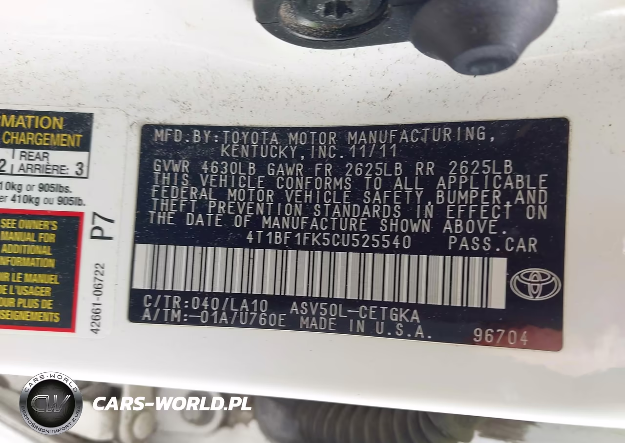 2012 Toyota Camry Xle VIN:4T1BF1FK5CU525540 - 9