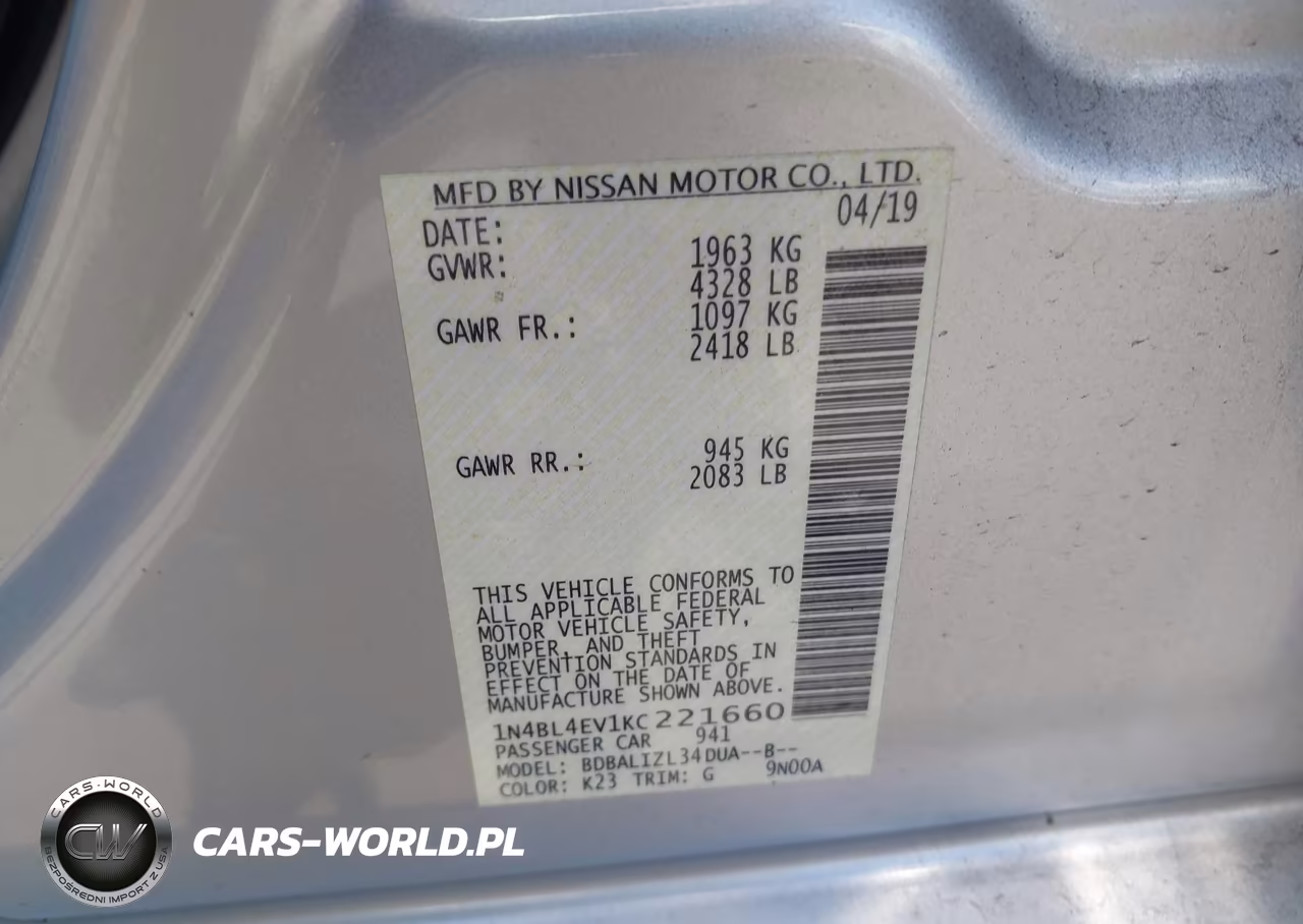 2019 Nissan Altima 2.5 Sl VIN:1N4BL4EV1KC221660 - 9