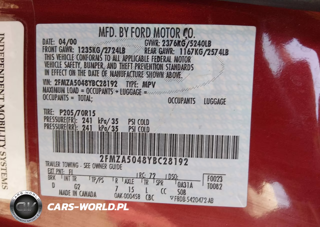 2000 Ford Windstar VIN:2FMZA5048YBC28192 - 9