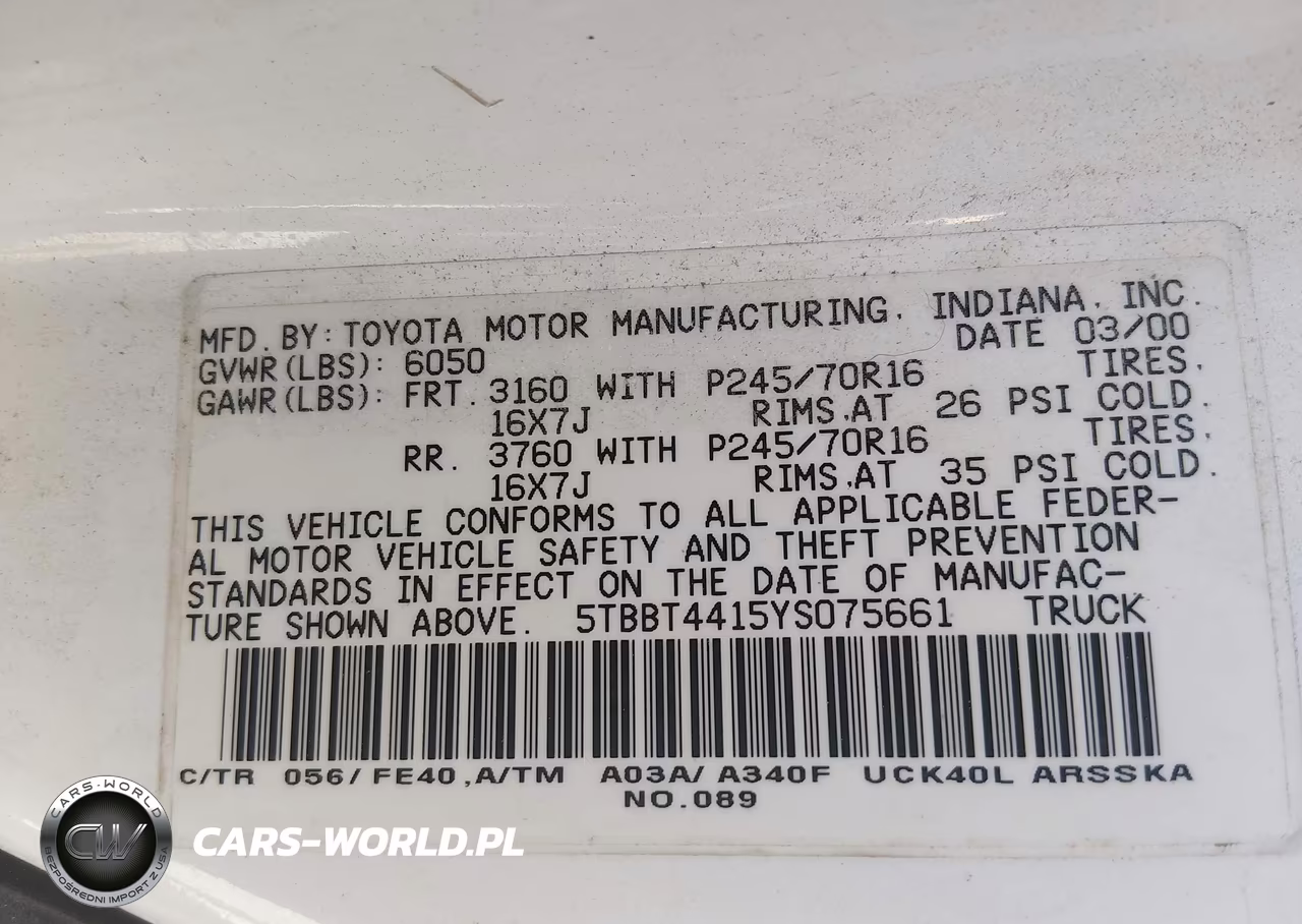 2000 Toyota Tundra Sr5 V8 VIN:5TBBT4415YS075661 - 9